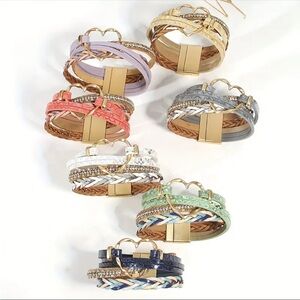 🩷Boho-Chic Pu Leather Wrap Bracelet With Sparkling Rhinestone Heart💜